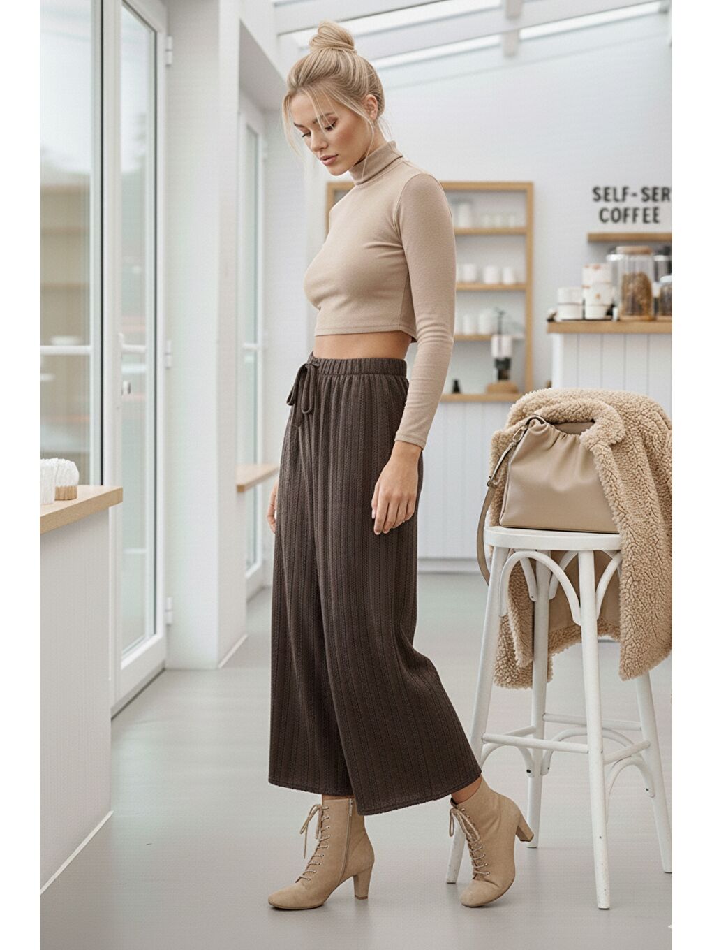 Mor Lastikli Bel Geniş Paça Casual Ajur Örgü Örme Pantolon 100 65-5