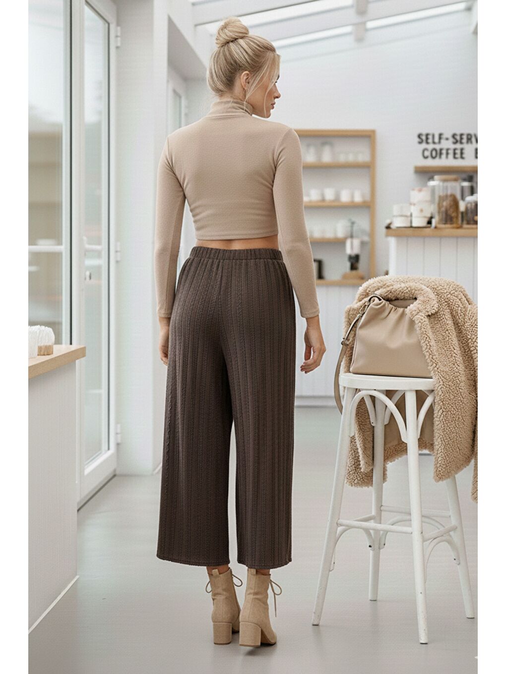 Mor Lastikli Bel Geniş Paça Casual Ajur Örgü Örme Pantolon 100 65-6