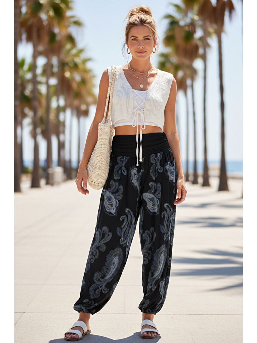 İtalyan Siyah Şal Desenli İnce Yüksek Bel Lastikli Paça Casual Bol Dokuma Pantolon 102 55-75-1