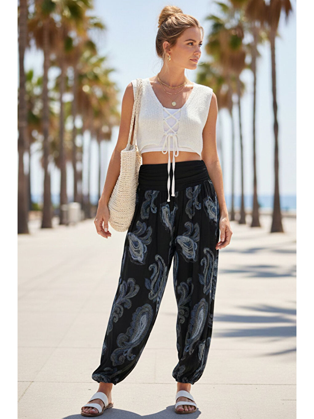 İtalyan Siyah Şal Desenli İnce Yüksek Bel Lastikli Paça Casual Bol Dokuma Pantolon 102 55-75-2