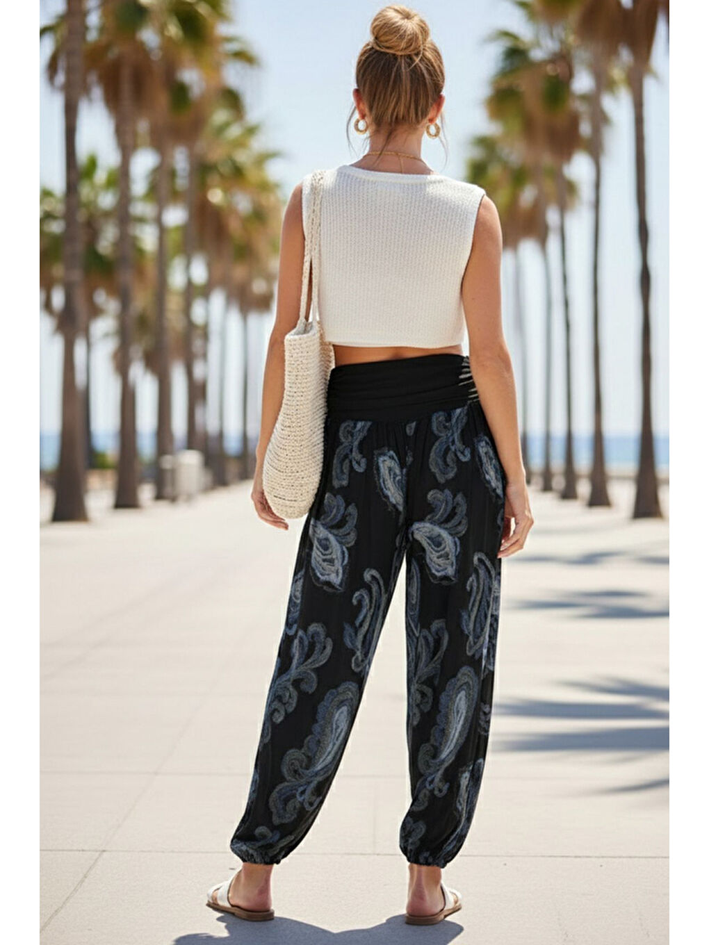 İtalyan Siyah Şal Desenli İnce Yüksek Bel Lastikli Paça Casual Bol Dokuma Pantolon 102 55-75-3