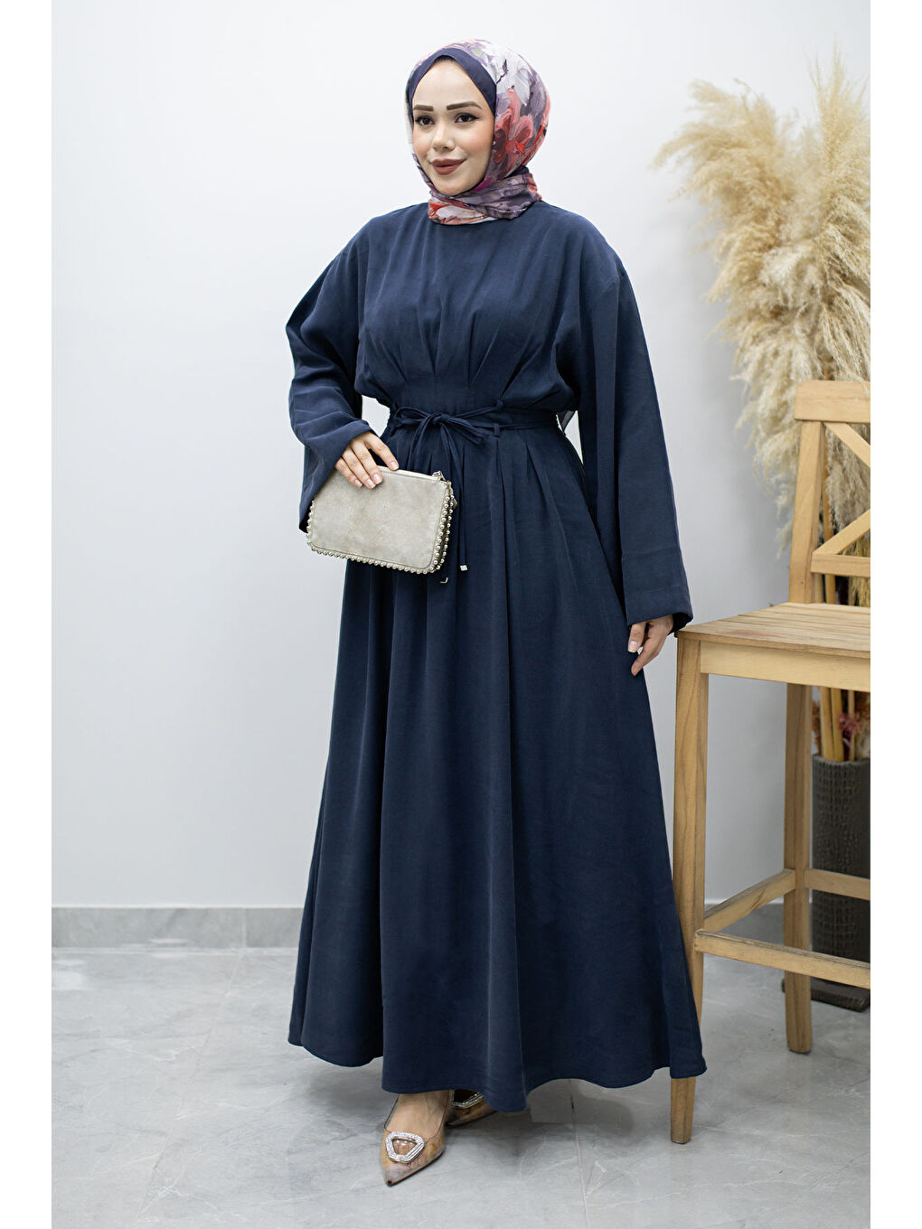 Çift Bağlamalı Pensli Elbise TSD260185 Lacivert-4
