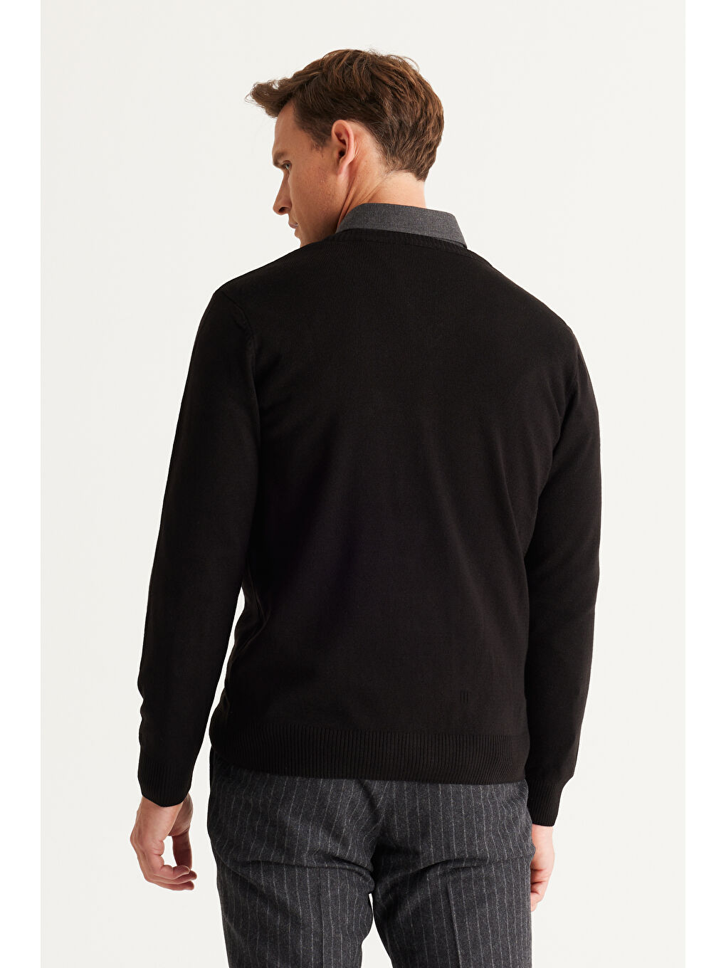 Erkek Siyah Anti-Pilling Tüylenme Yapmayan Standart Fit Normal Kesim V Yaka Triko Kazak-7