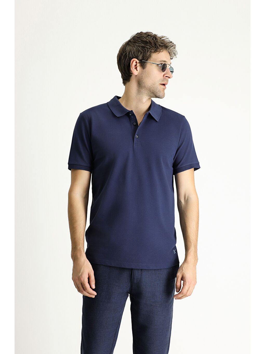 Lacivert Slim Fit Dar Kesim Nakışlı Pamuk Polo Yaka %100 Pamuk Tişört