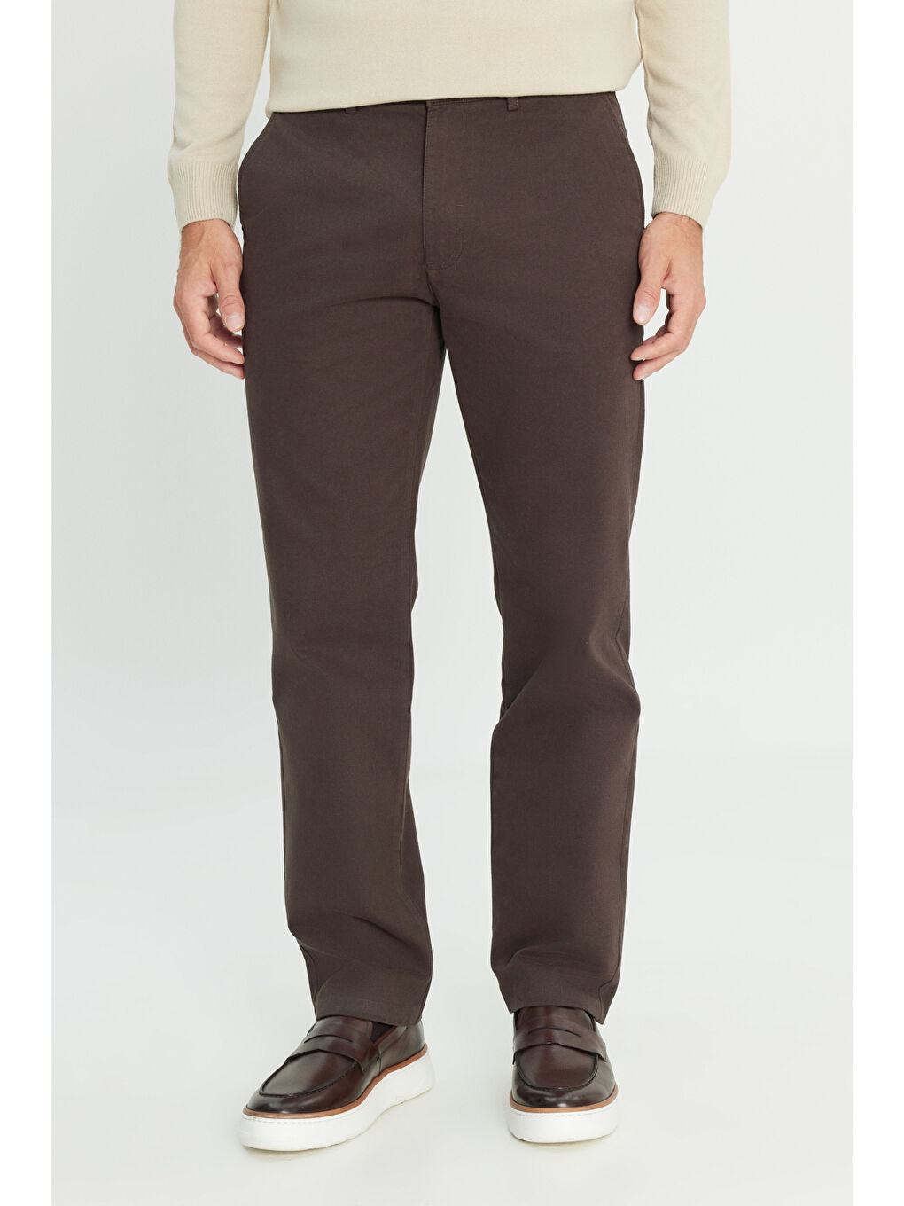 Erkek Kahverengi %100 Pamuk Comfort Fit Rahat Kesim Yan Cepli Pantolon
