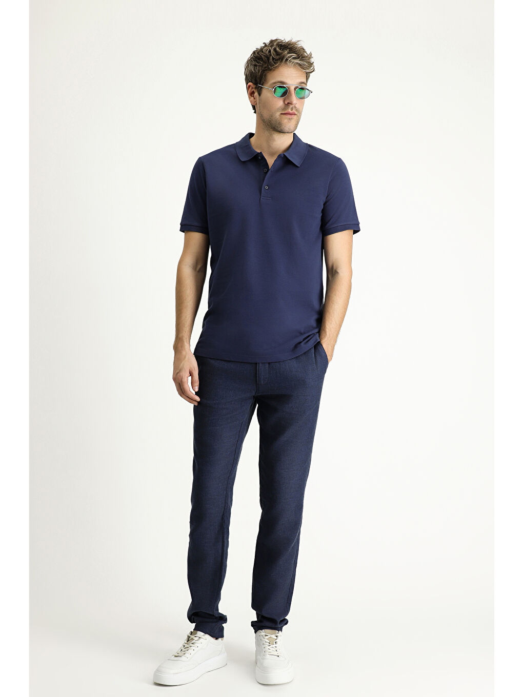 Lacivert Slim Fit Dar Kesim Nakışlı Pamuk Polo Yaka %100 Pamuk Tişört-1