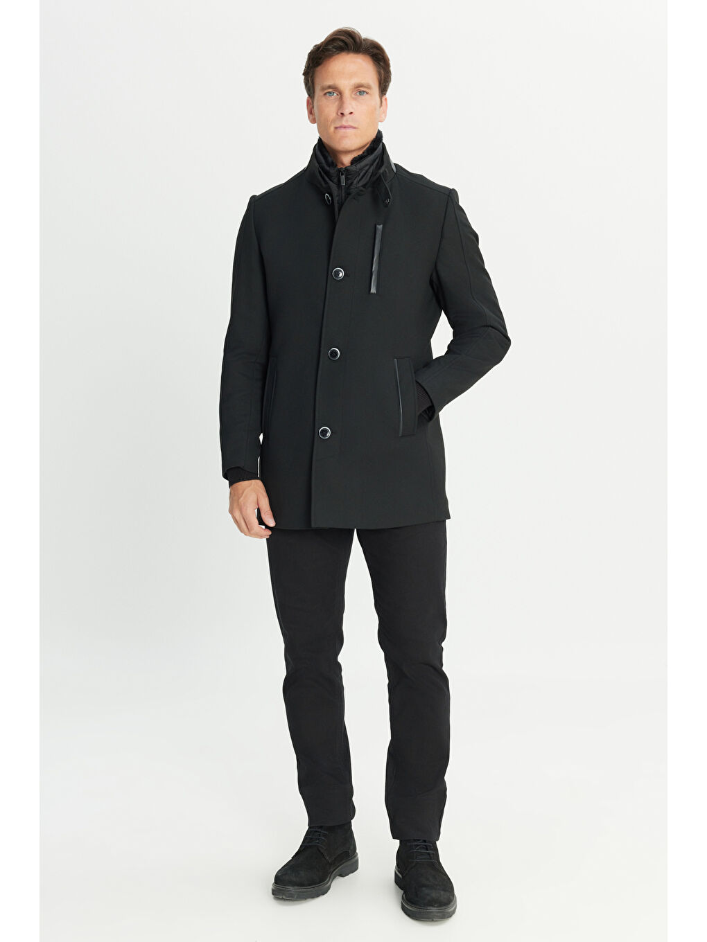 Erkek Siyah Standart Fit Normal Kesim Kürklü Dik Yaka Yan Cepli Kaban-1