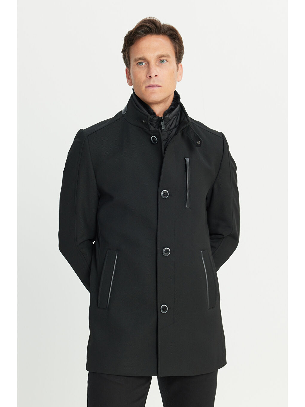 Erkek Siyah Standart Fit Normal Kesim Kürklü Dik Yaka Yan Cepli Kaban-2