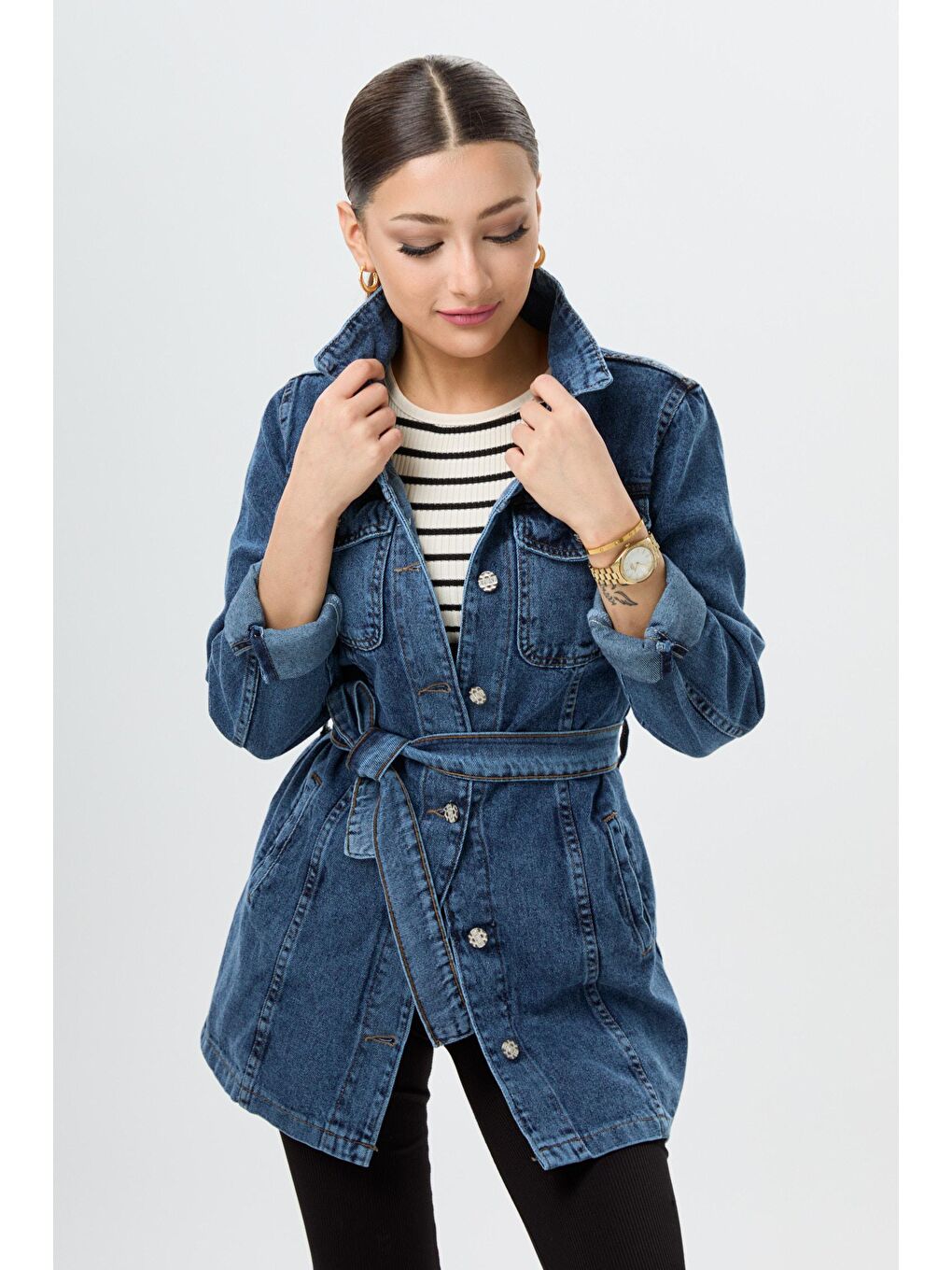 Gömlek Yaka Kadın Mavi Jean Ceket - 23625-1