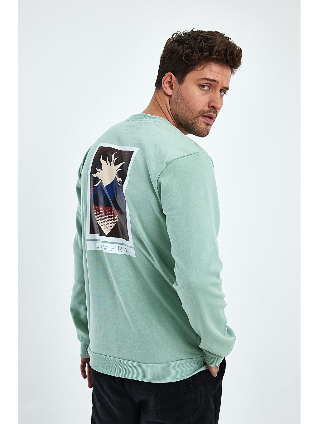 Yeşil Regular Fit Bisiklet Yaka Sırt Baskılı Pamuklu İçi Polarlı Sweatshirt RF0445-1