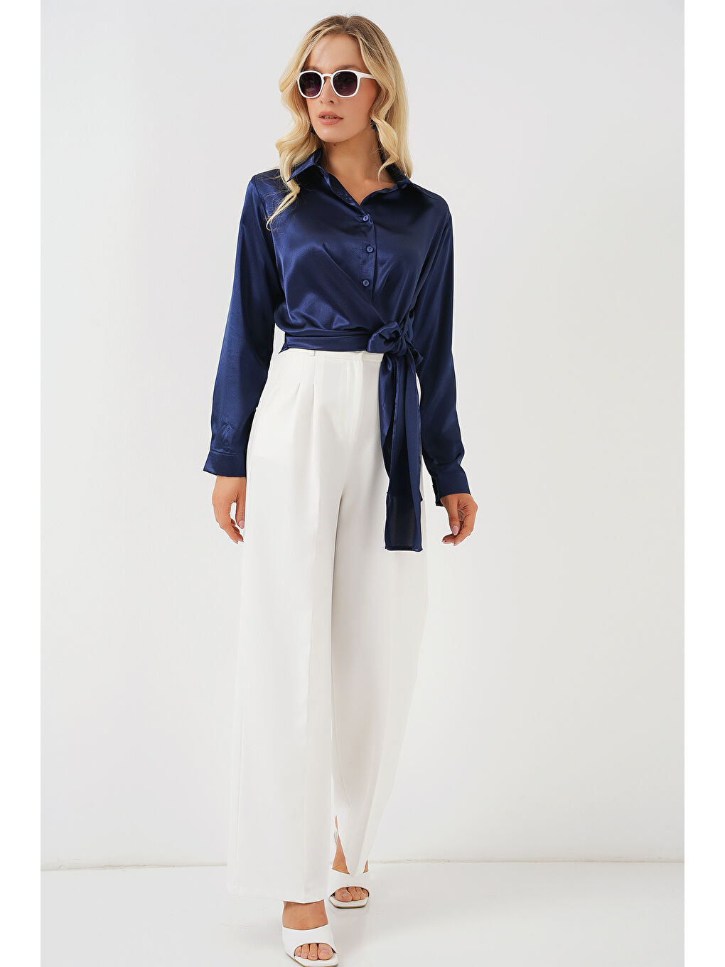 Kadın Bağlamalı Uzun Kol Saten Gömlek 20287 - Lacivert-1