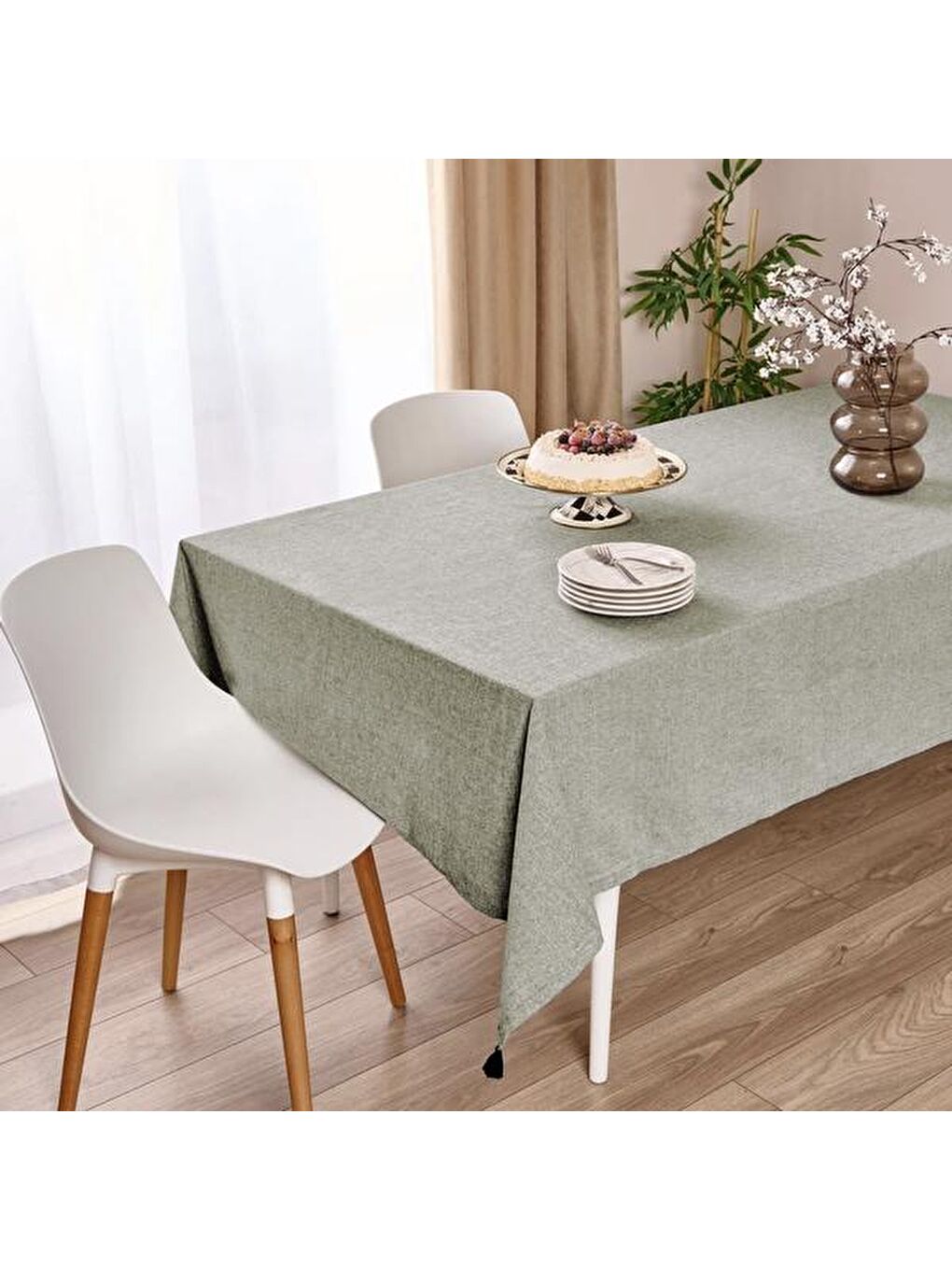 Soft Tuch Püsküllü Masa Örtüsü - Yeşil - 150x220 cm-2