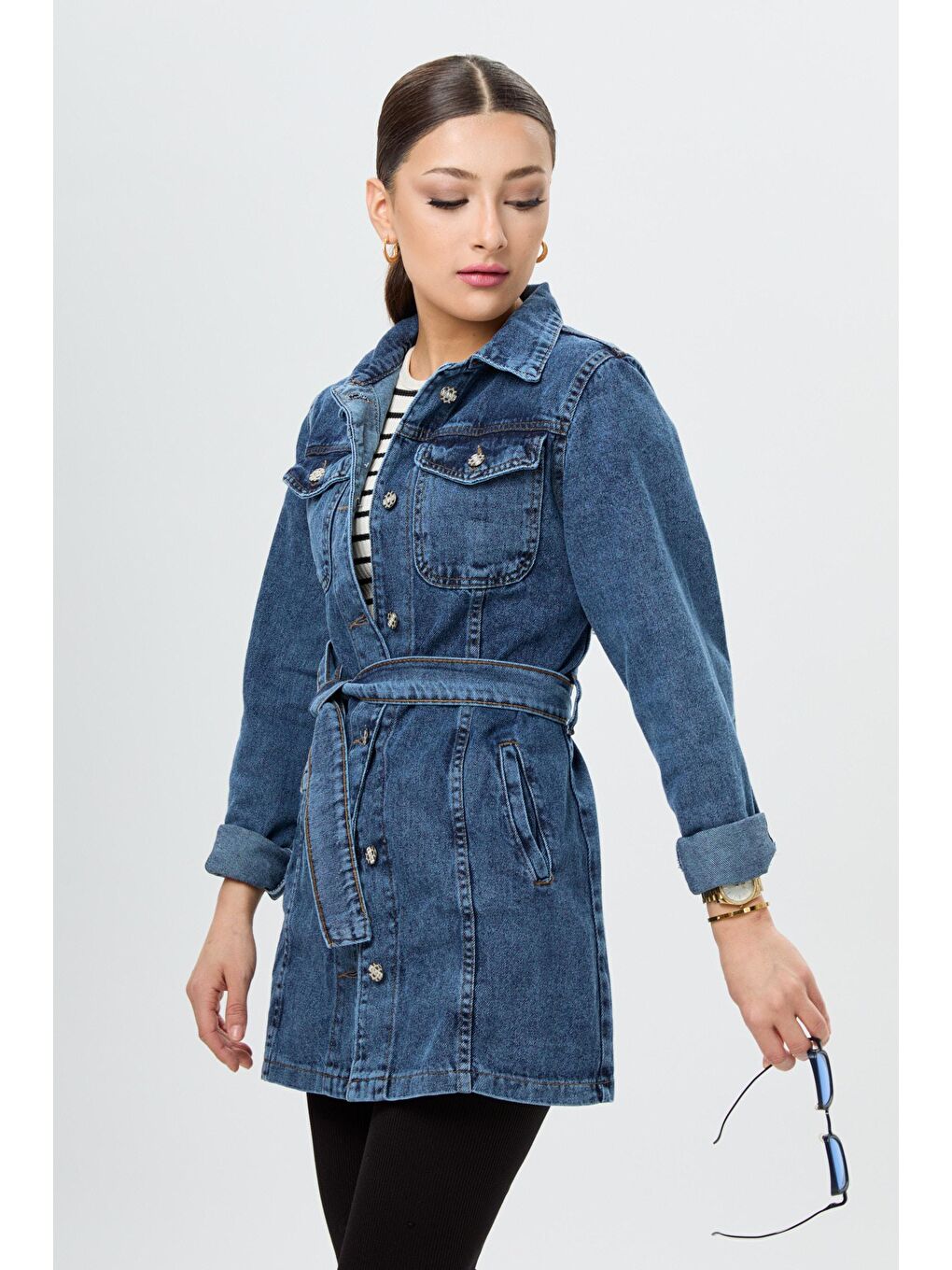 Gömlek Yaka Kadın Mavi Jean Ceket - 23625-3