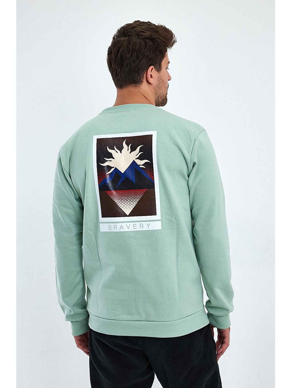 Yeşil Regular Fit Bisiklet Yaka Sırt Baskılı Pamuklu İçi Polarlı Sweatshirt RF0445-2