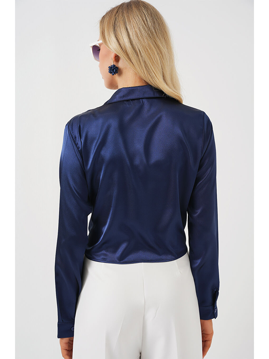 Kadın Bağlamalı Uzun Kol Saten Gömlek 20287 - Lacivert-5