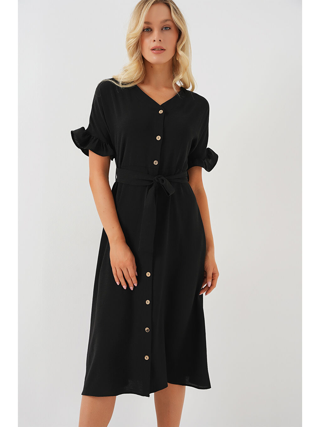 Kadın Kısa Kol Düğmeli Elbise 2555 - Siyah