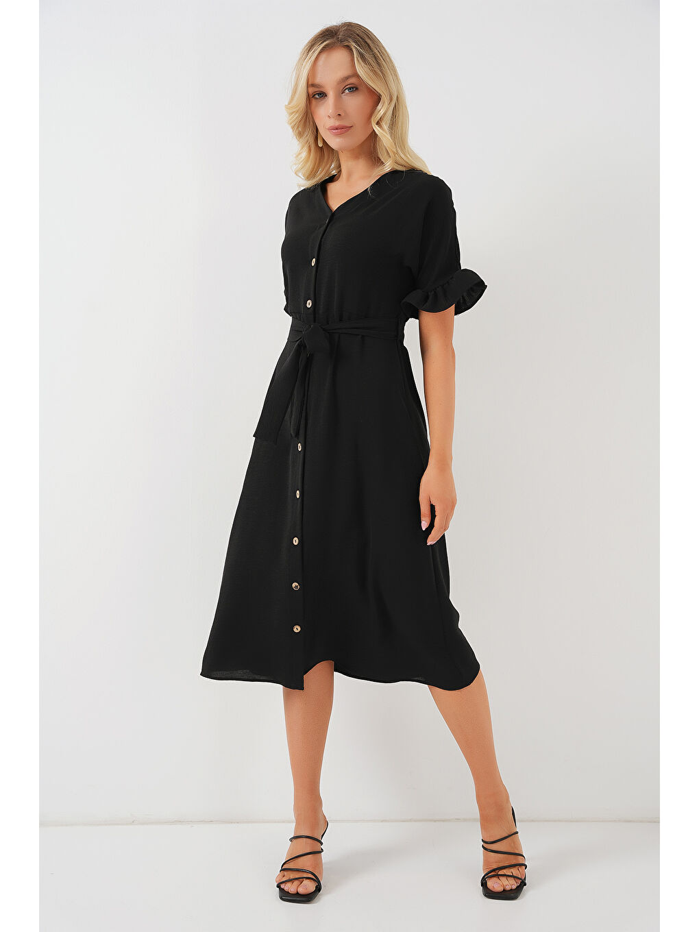 Kadın Kısa Kol Düğmeli Elbise 2555 - Siyah-1