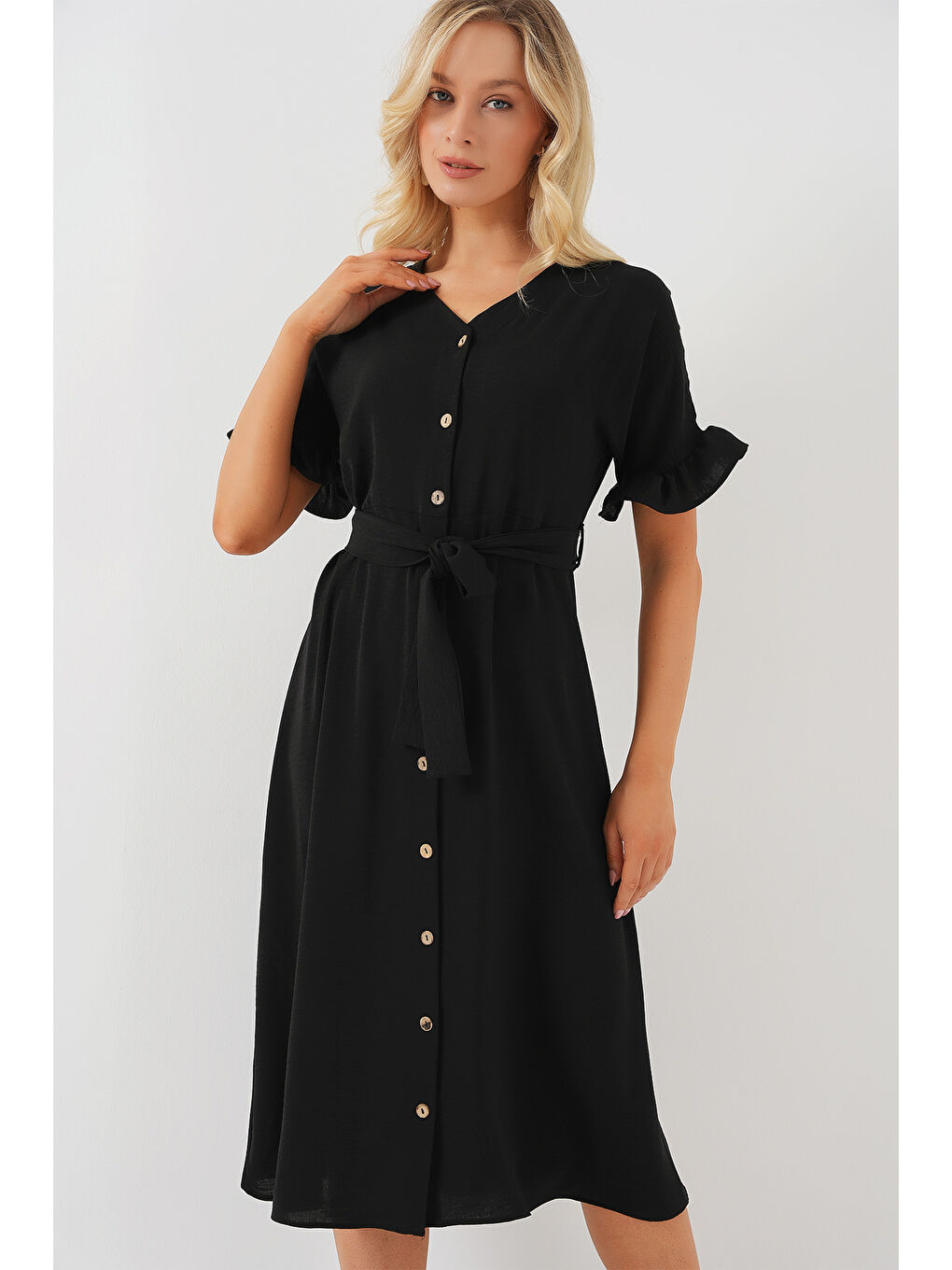 Kadın Kısa Kol Düğmeli Elbise 2555 - Siyah-2