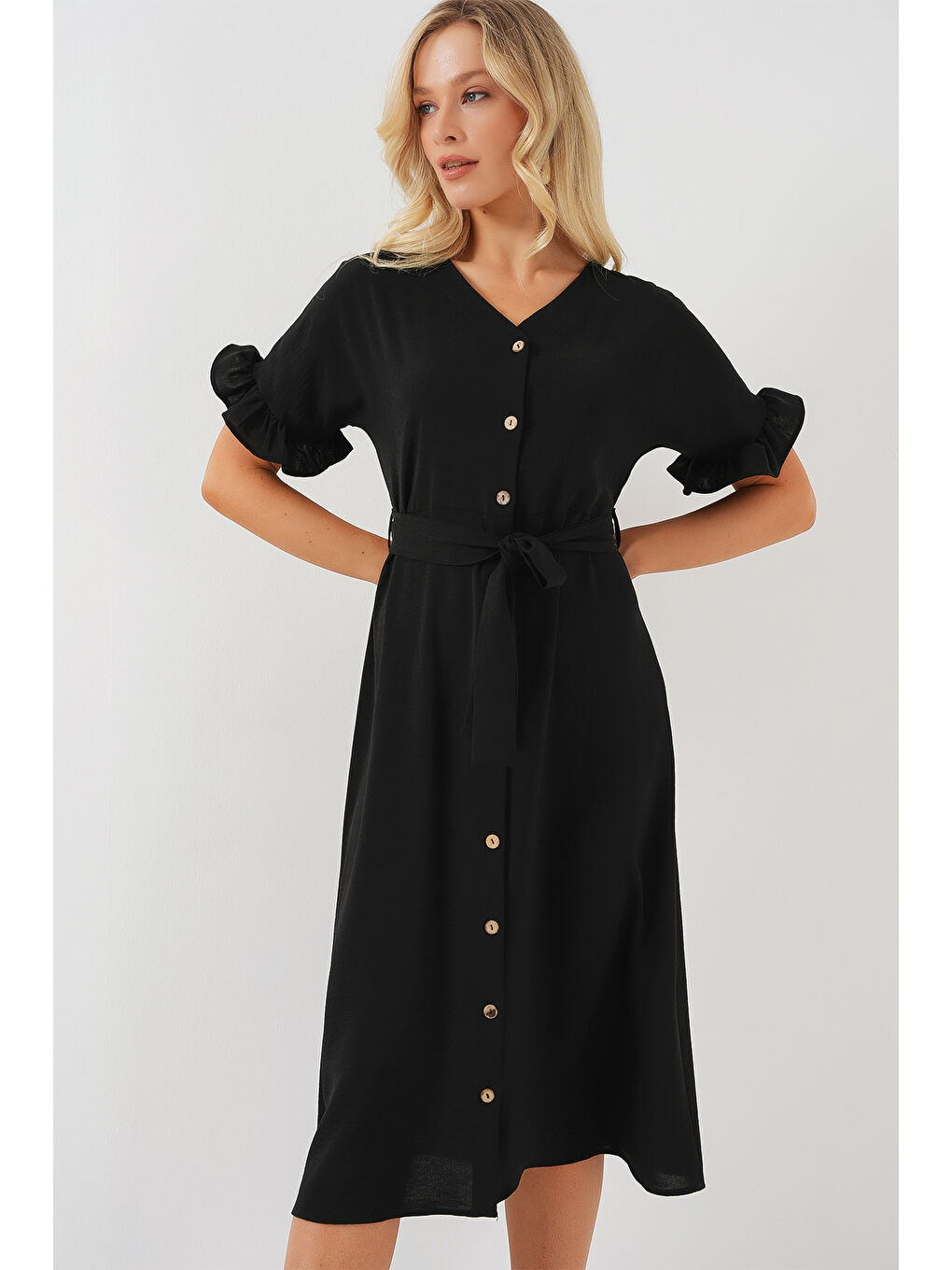 Kadın Kısa Kol Düğmeli Elbise 2555 - Siyah-3