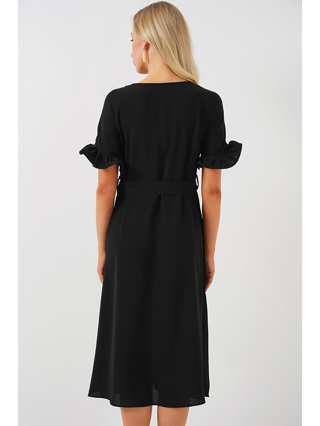 Kadın Kısa Kol Düğmeli Elbise 2555 - Siyah-4