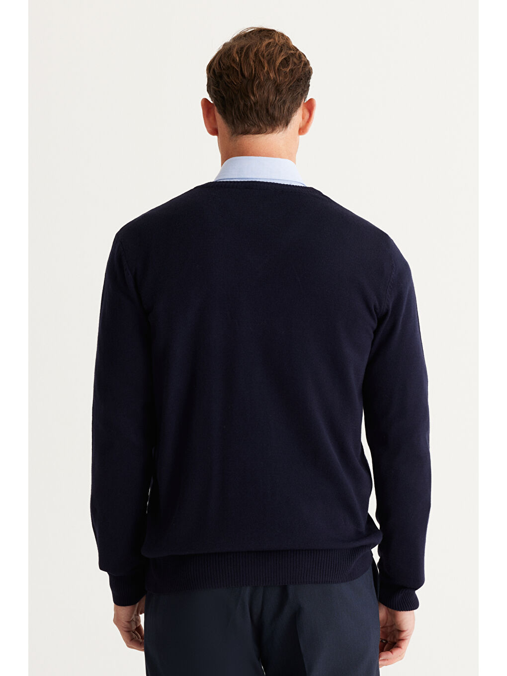 Erkek Lacivert Anti-Pilling Tüylenme Yapmayan Standart Fit Normal Kesim V Yaka Triko Kazak-3