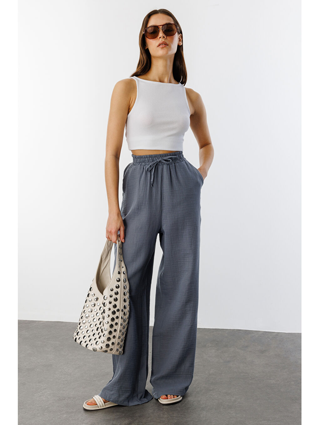Gri Müslin Palazzo Kadın Pantolon MÜSLİN-PANTOLON-2