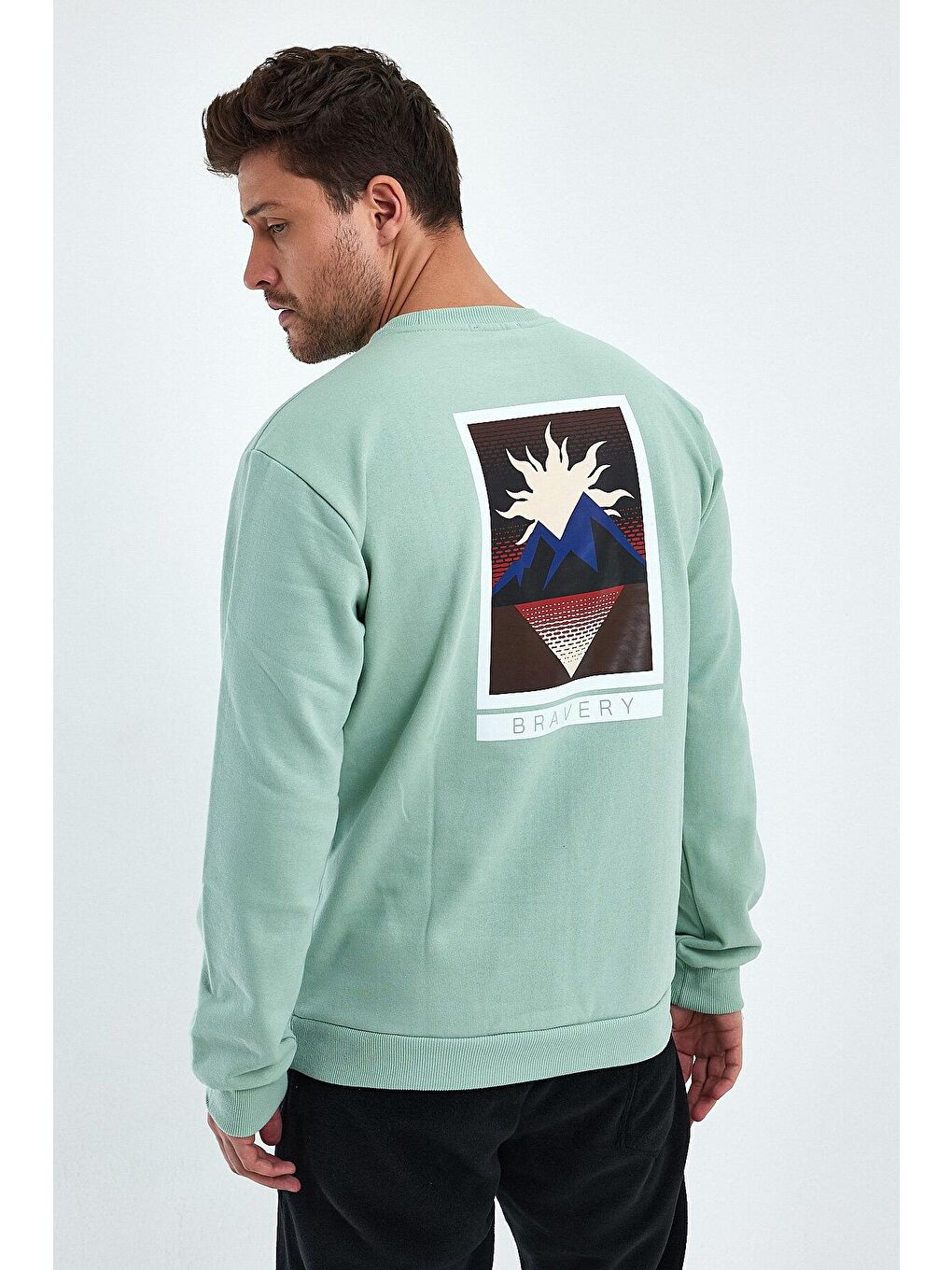 Yeşil Regular Fit Bisiklet Yaka Sırt Baskılı Pamuklu İçi Polarlı Sweatshirt RF0445-3