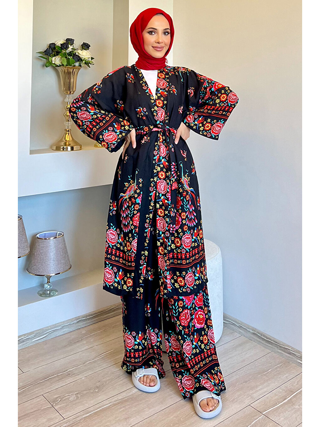 Julude Siyah Desenli Tesettür Viskon Kimono İkili Takım - 1