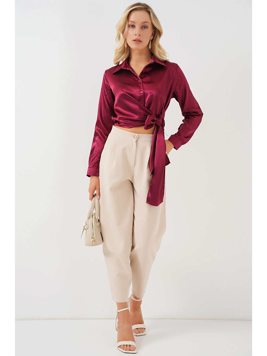 Kadın Bağlamalı Uzun Kol Saten Gömlek 20287 - Bordo-1