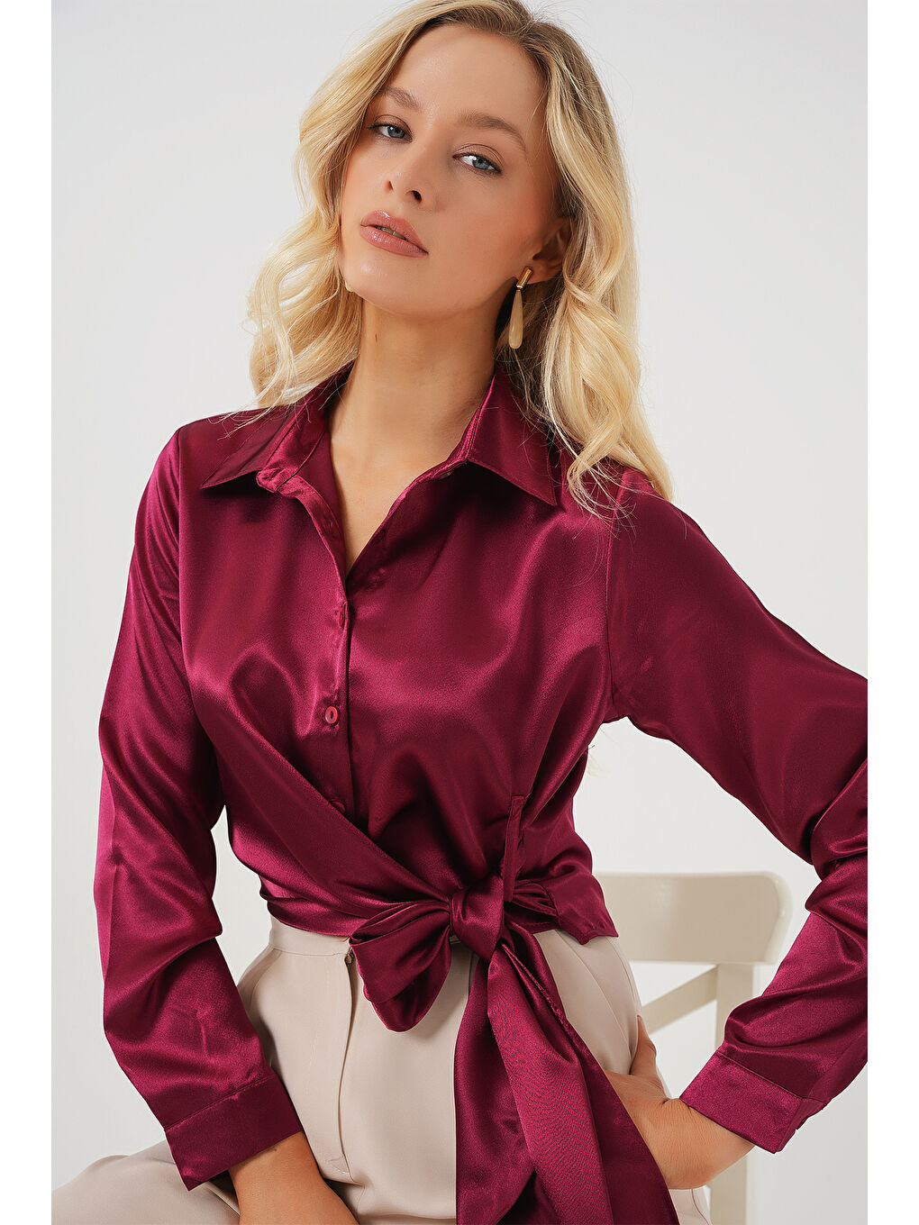 Kadın Bağlamalı Uzun Kol Saten Gömlek 20287 - Bordo-2