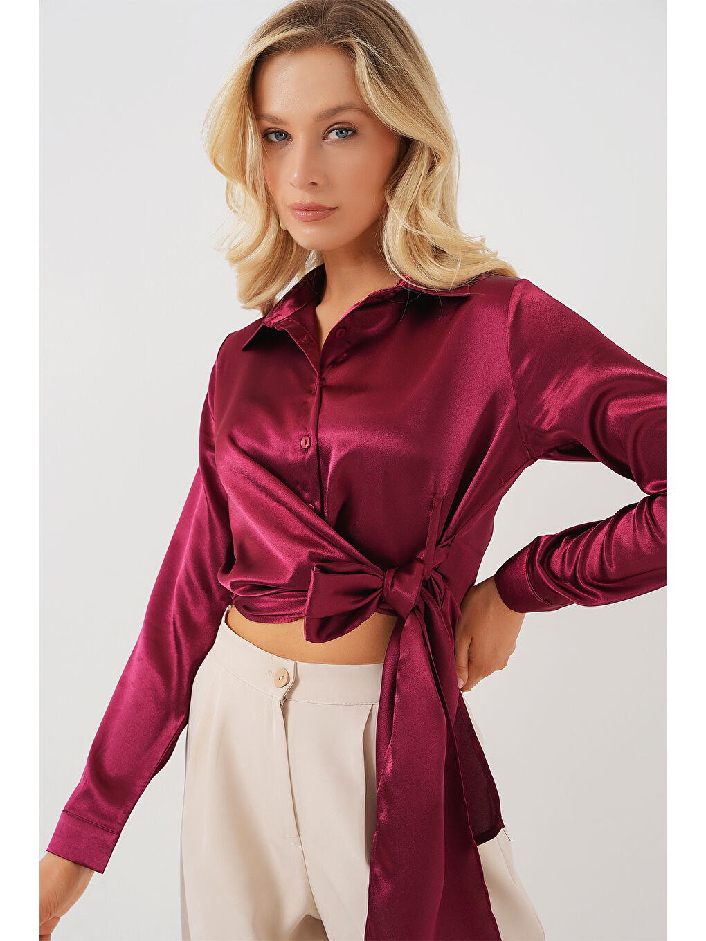 Kadın Bağlamalı Uzun Kol Saten Gömlek 20287 - Bordo-3