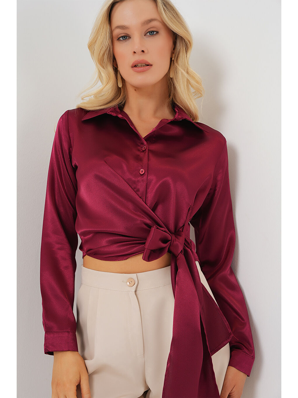 Kadın Bağlamalı Uzun Kol Saten Gömlek 20287 - Bordo-4