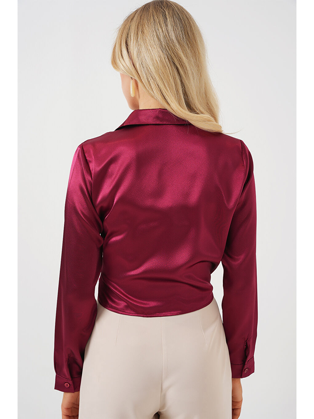 Kadın Bağlamalı Uzun Kol Saten Gömlek 20287 - Bordo-5