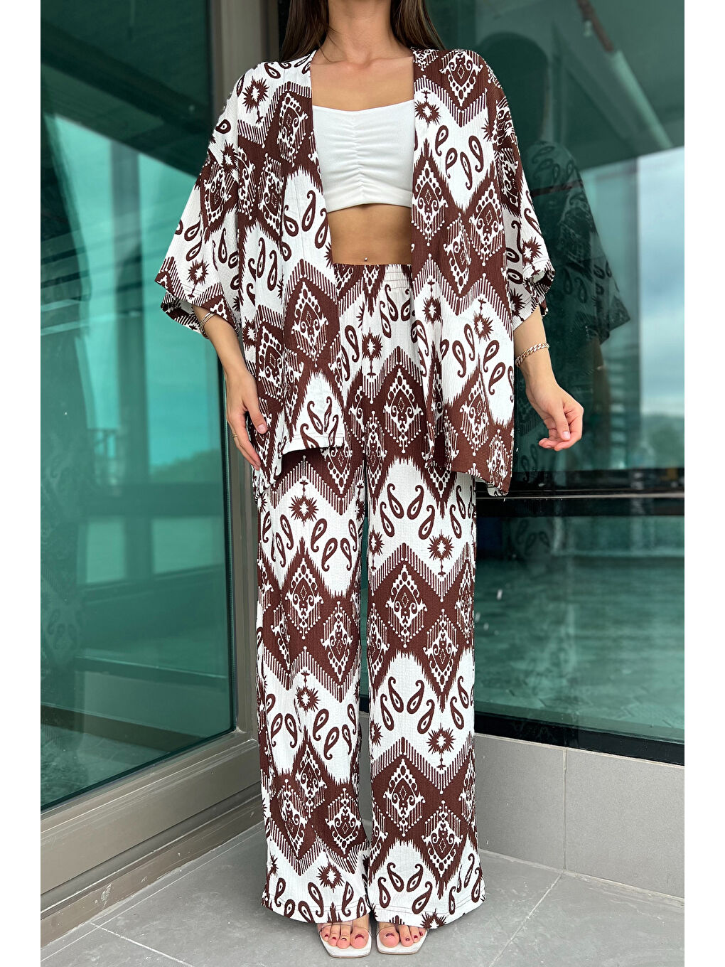 GÜLSELİ Kahverengi Desenli Kimono İkili Takım - 2