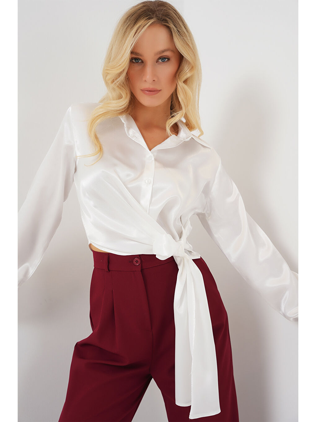 Kadın Bağlamalı Uzun Kol Saten Gömlek 20287 - Beyaz