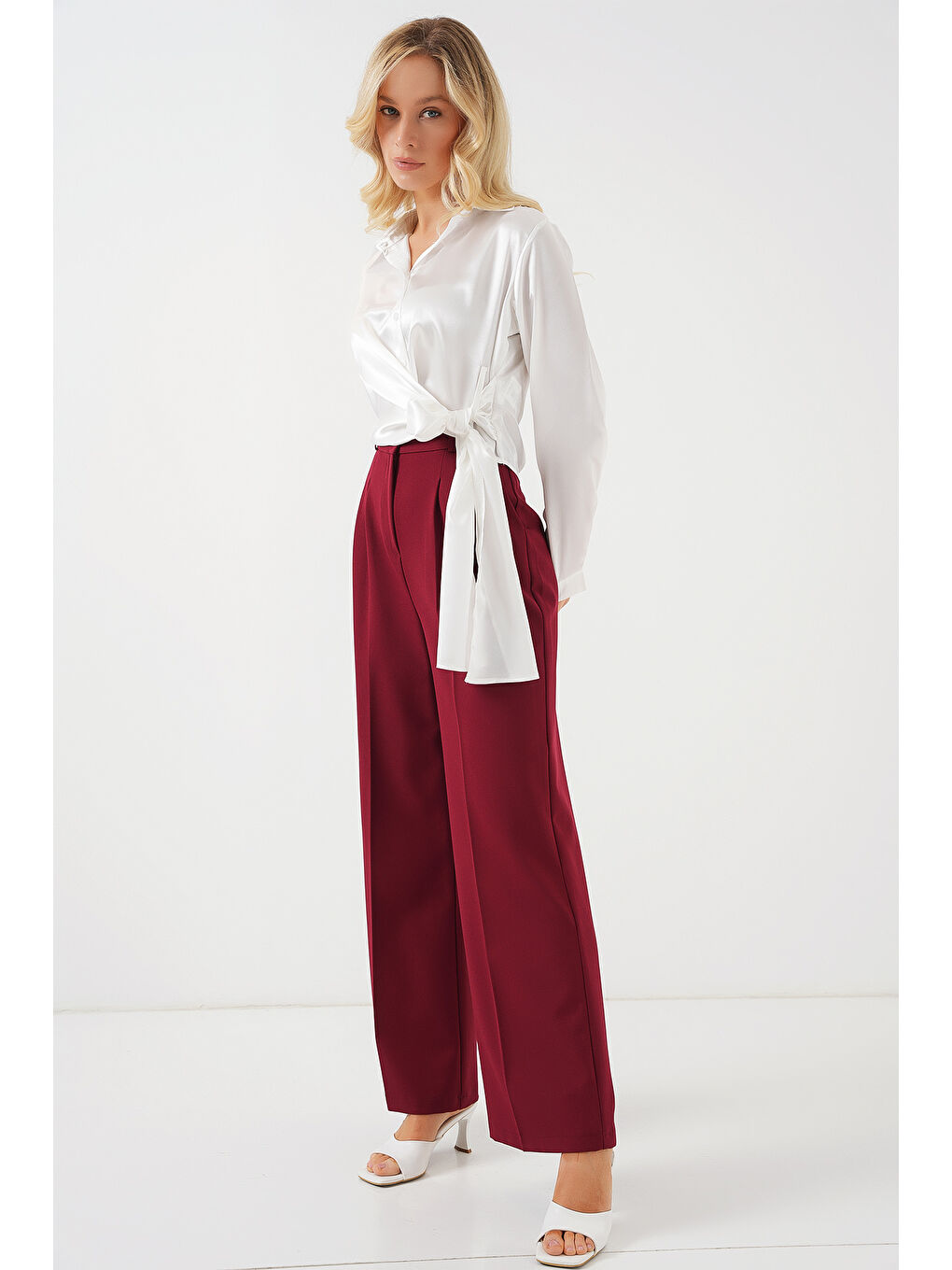 Kadın Bağlamalı Uzun Kol Saten Gömlek 20287 - Beyaz-1