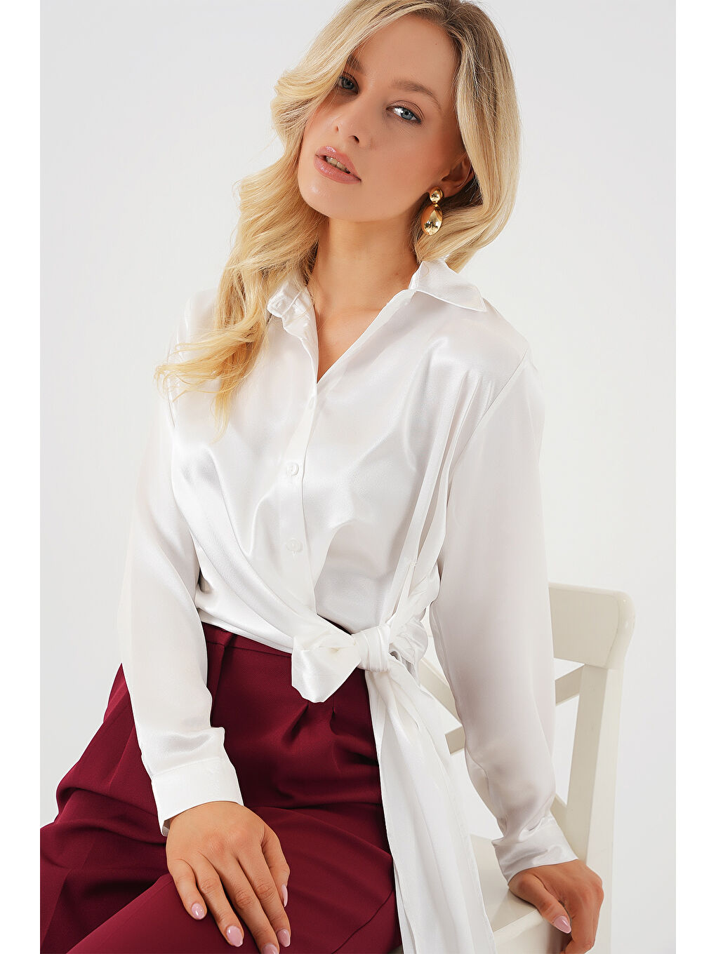 Kadın Bağlamalı Uzun Kol Saten Gömlek 20287 - Beyaz-2