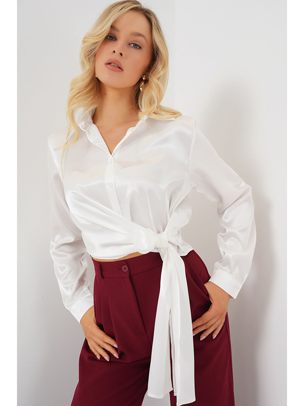 Kadın Bağlamalı Uzun Kol Saten Gömlek 20287 - Beyaz-3