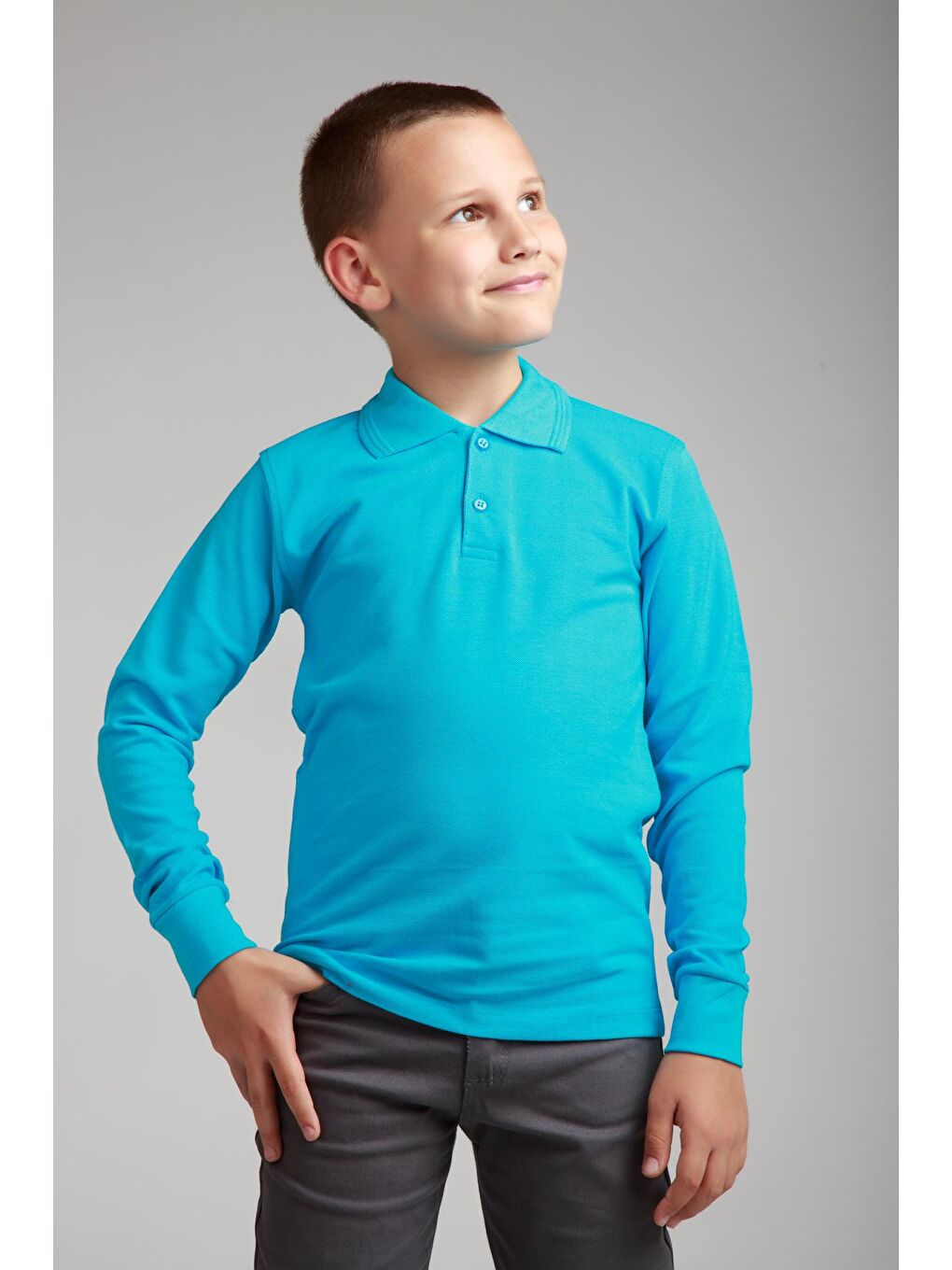 ajn Canlı Turkuaz Kids Polo Yaka Basic Uzun Kollu Erkek Çocuk Tişört