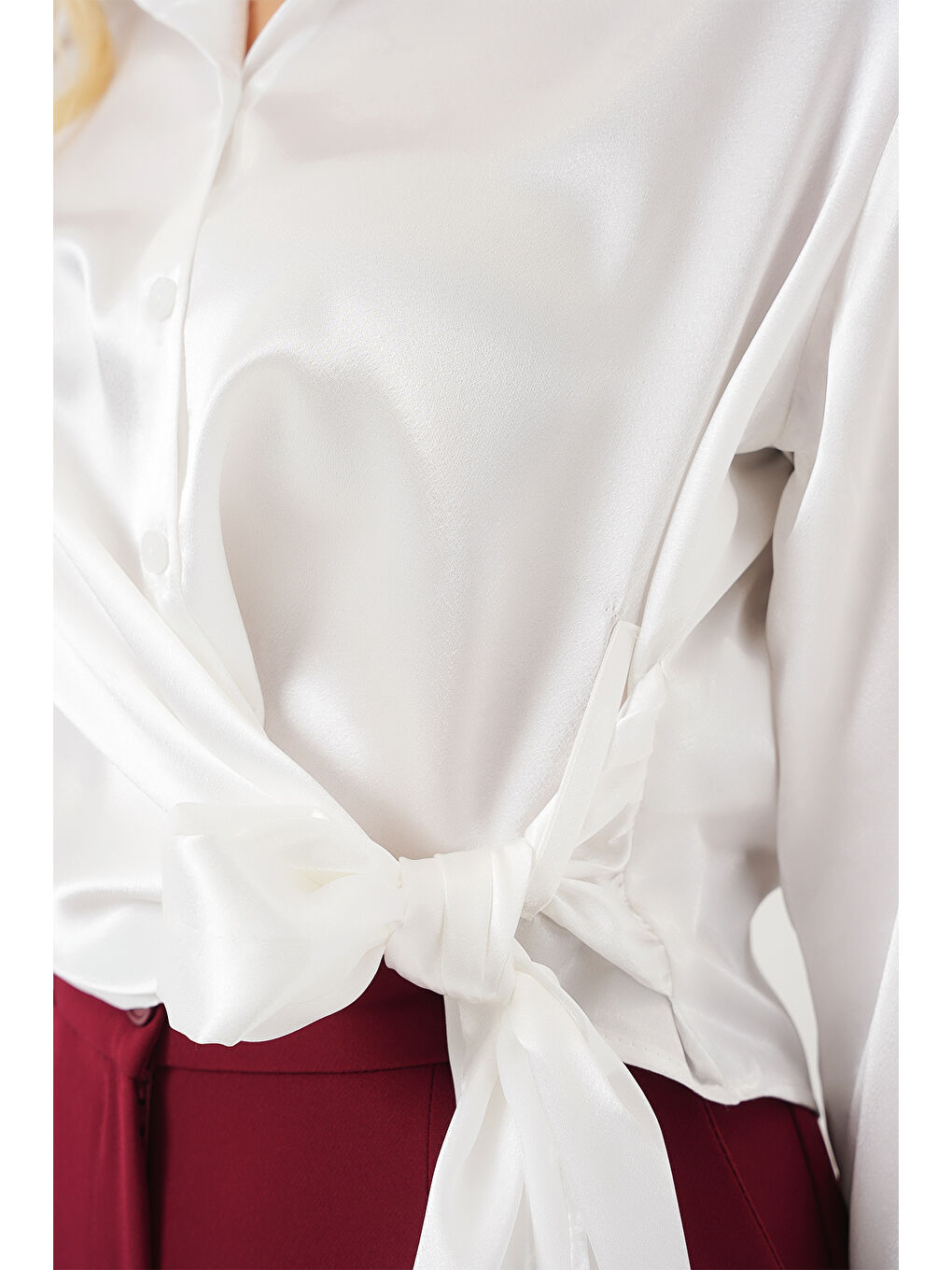 Kadın Bağlamalı Uzun Kol Saten Gömlek 20287 - Beyaz-4