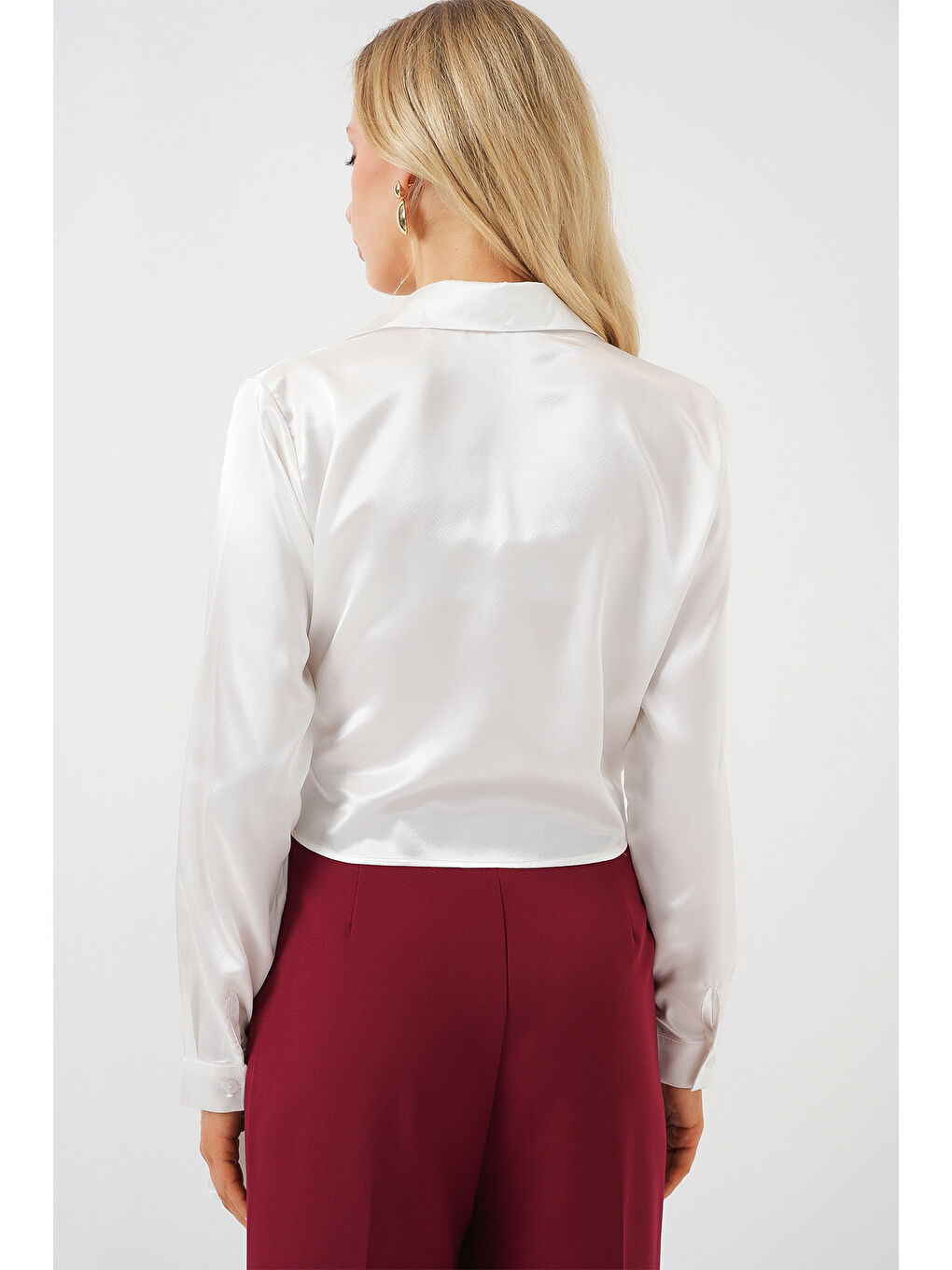 Kadın Bağlamalı Uzun Kol Saten Gömlek 20287 - Beyaz-5
