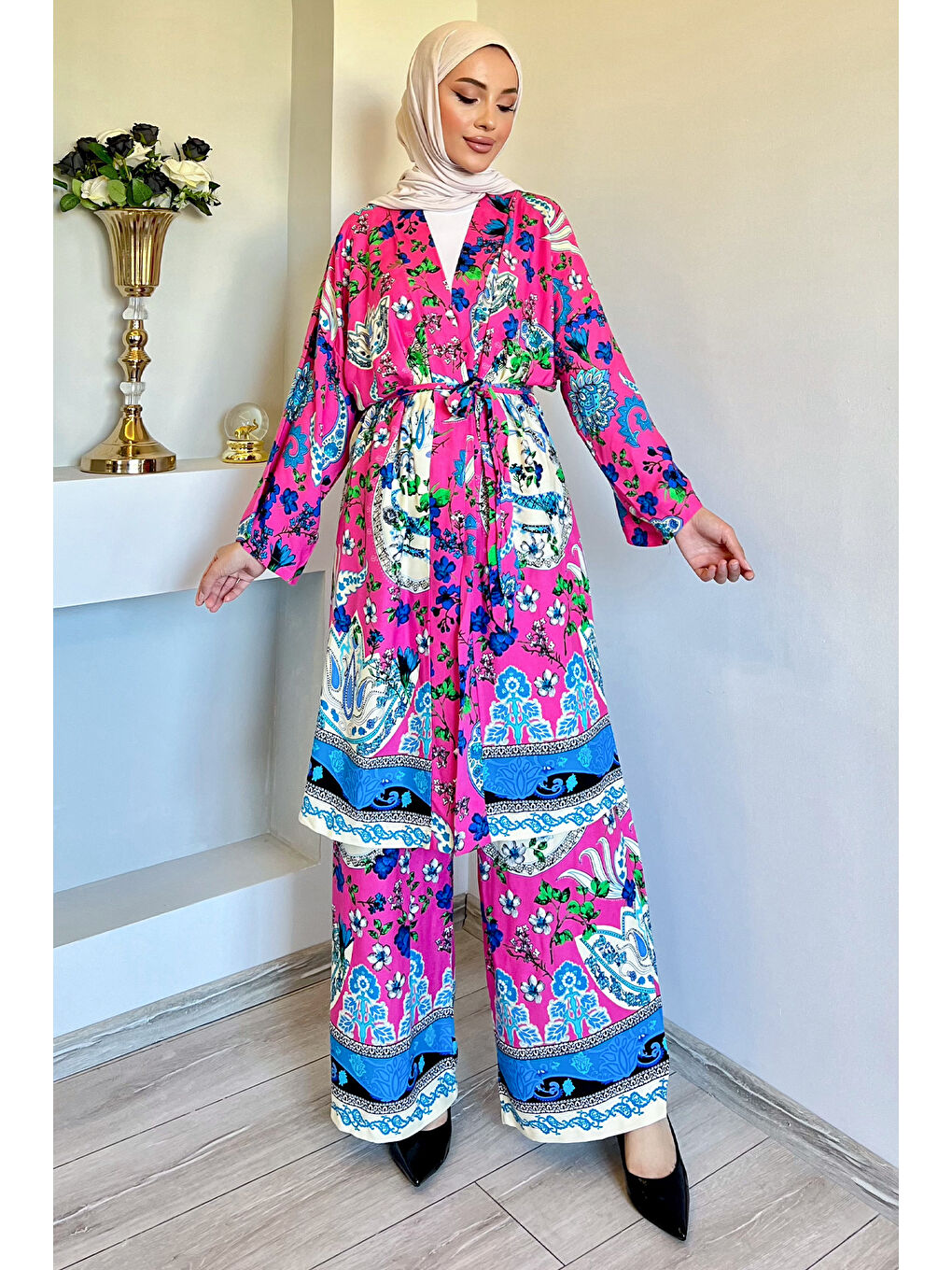 Julude Fuşya Desenli Tesettür Viskon Kimono İkili Takım - 2