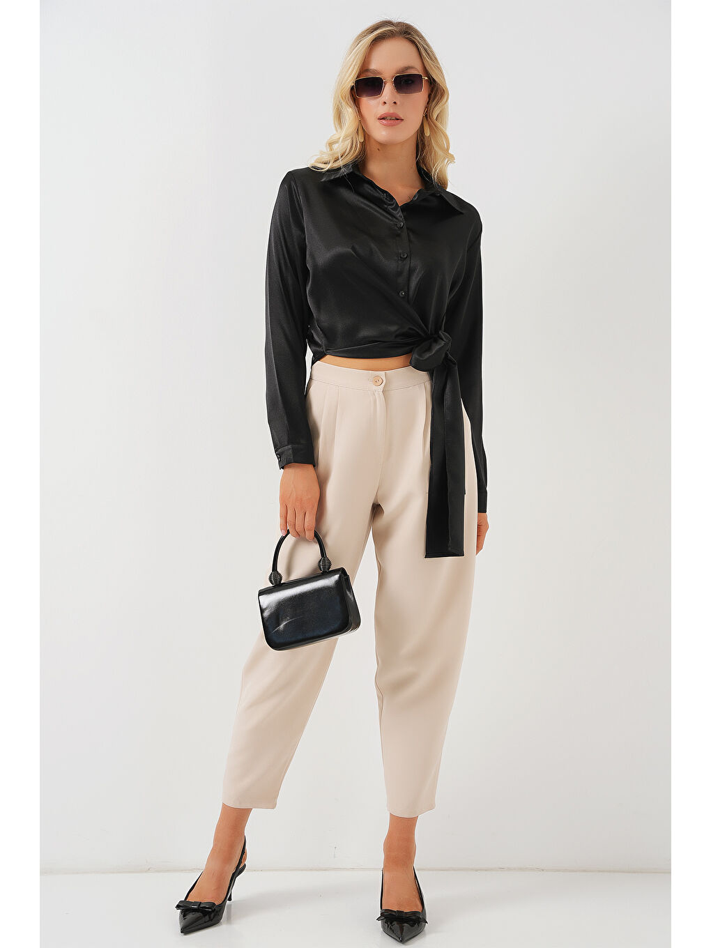 Kadın Bağlamalı Uzun Kol Saten Gömlek 20287 - Siyah-1