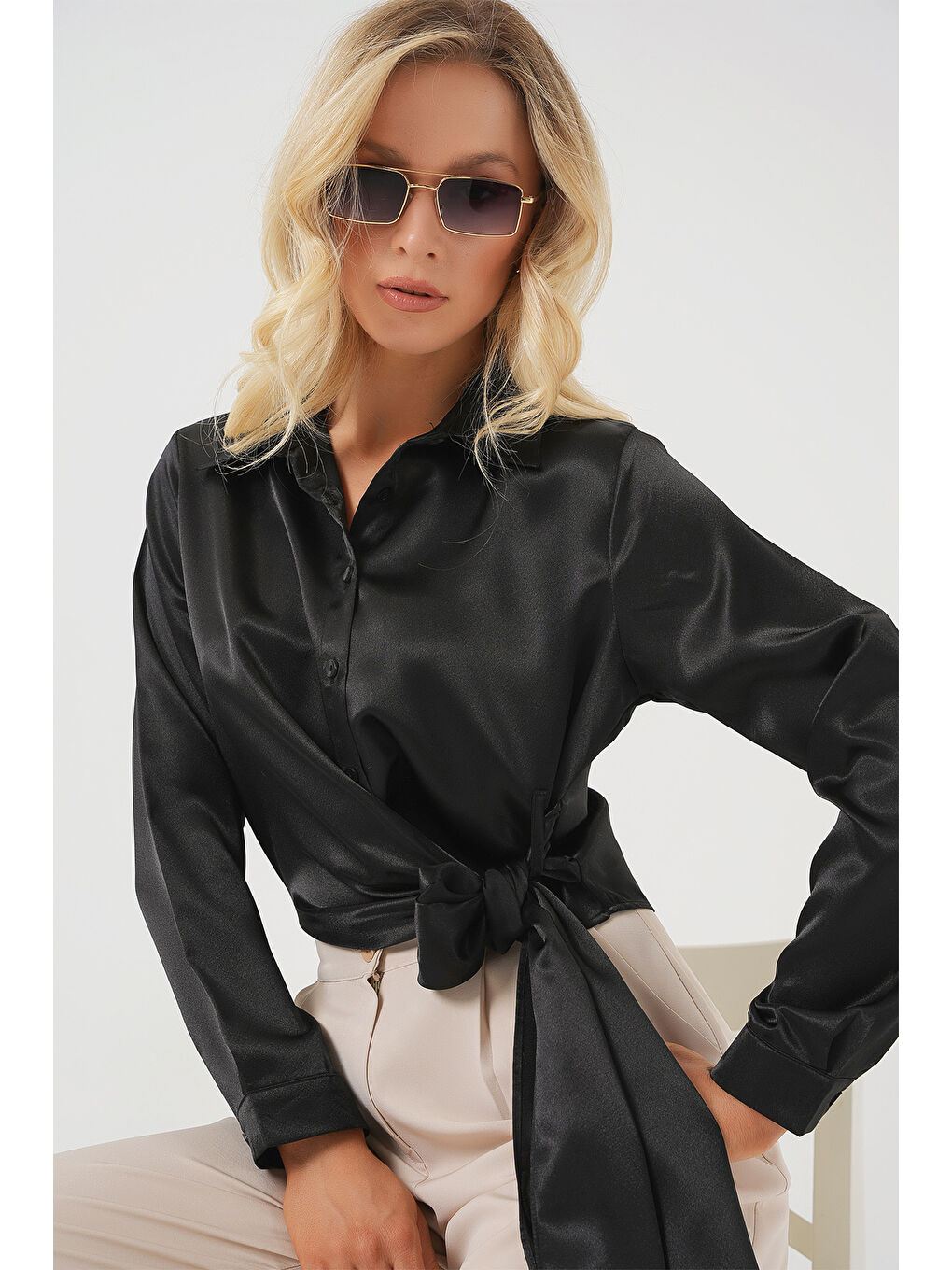 Kadın Bağlamalı Uzun Kol Saten Gömlek 20287 - Siyah-3