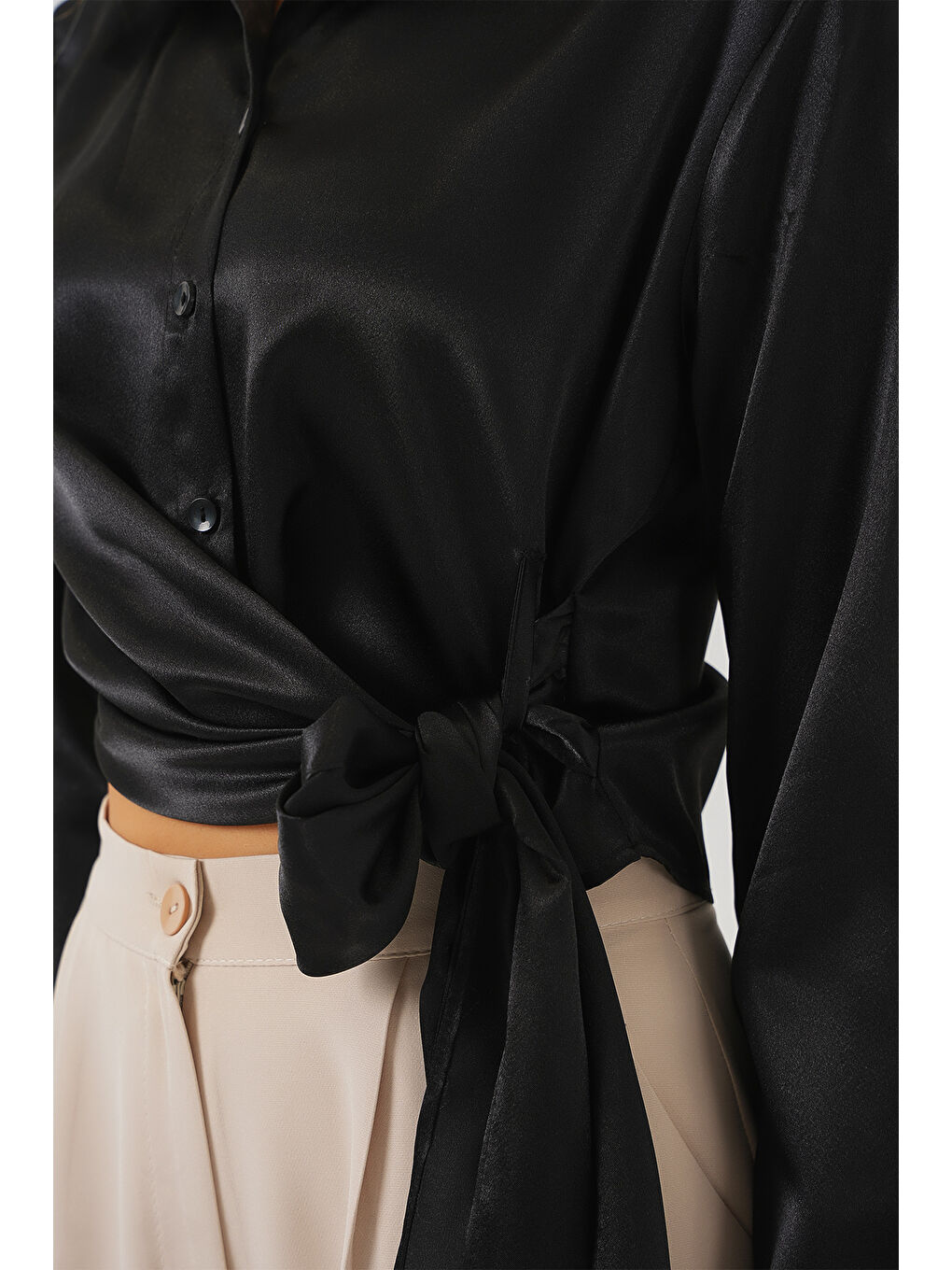 Kadın Bağlamalı Uzun Kol Saten Gömlek 20287 - Siyah-4