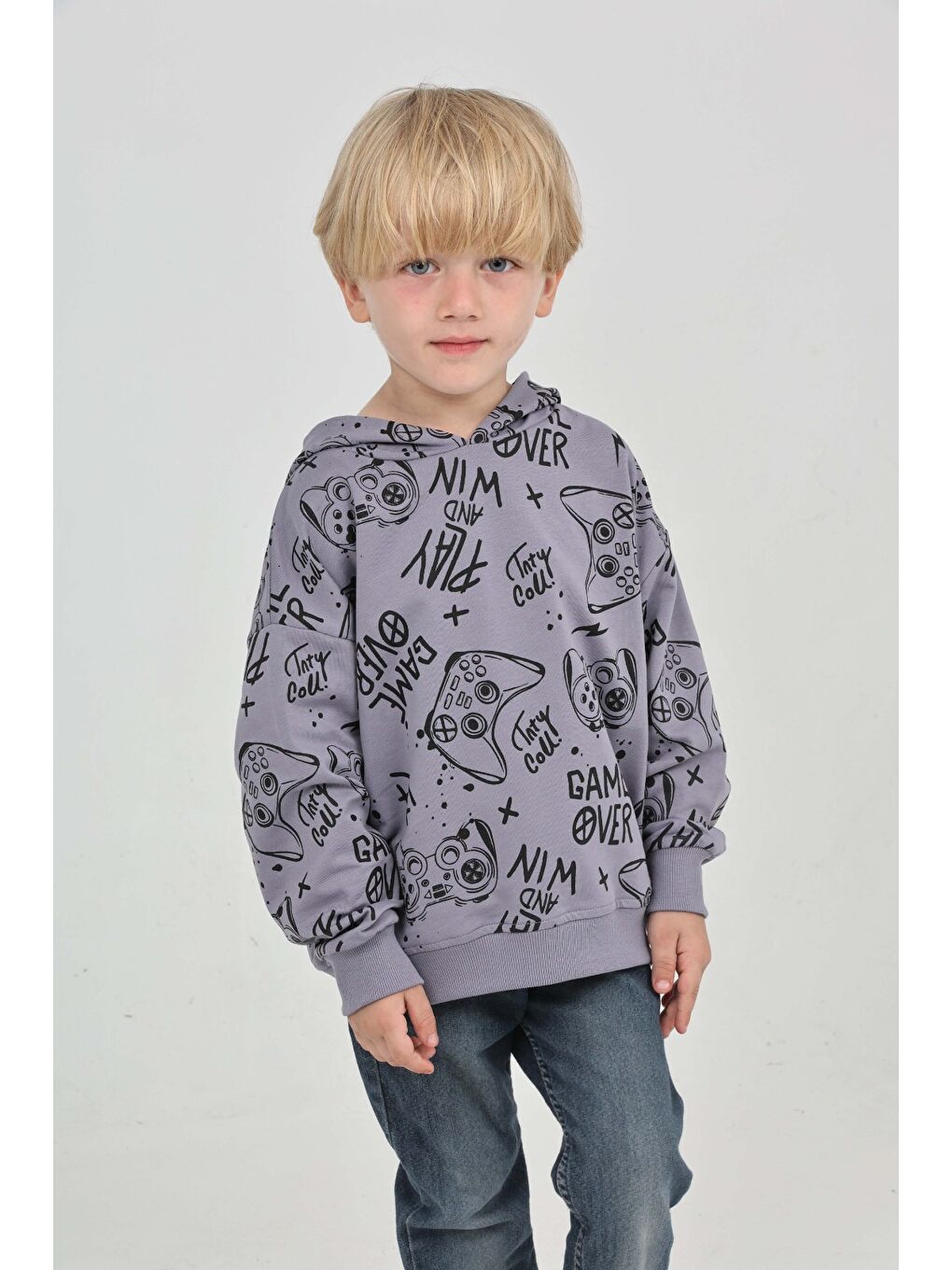 Gri Erkek Çocuk Oyun Baskılı Sweatshirt-1
