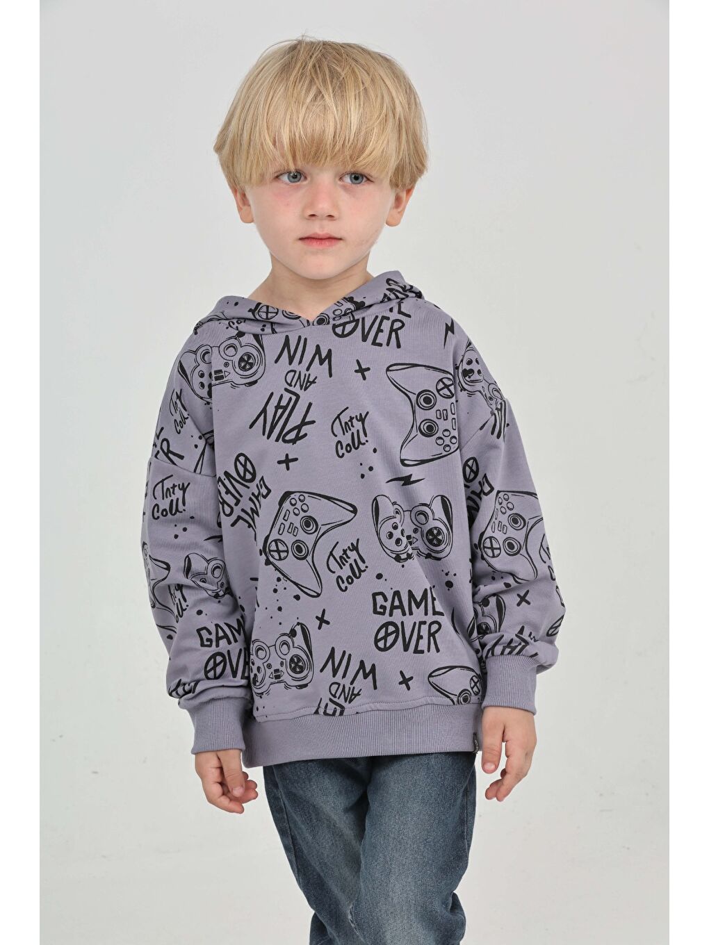 Gri Erkek Çocuk Oyun Baskılı Sweatshirt-2