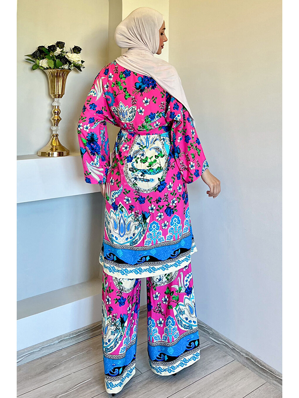 Julude Fuşya Desenli Tesettür Viskon Kimono İkili Takım - 6