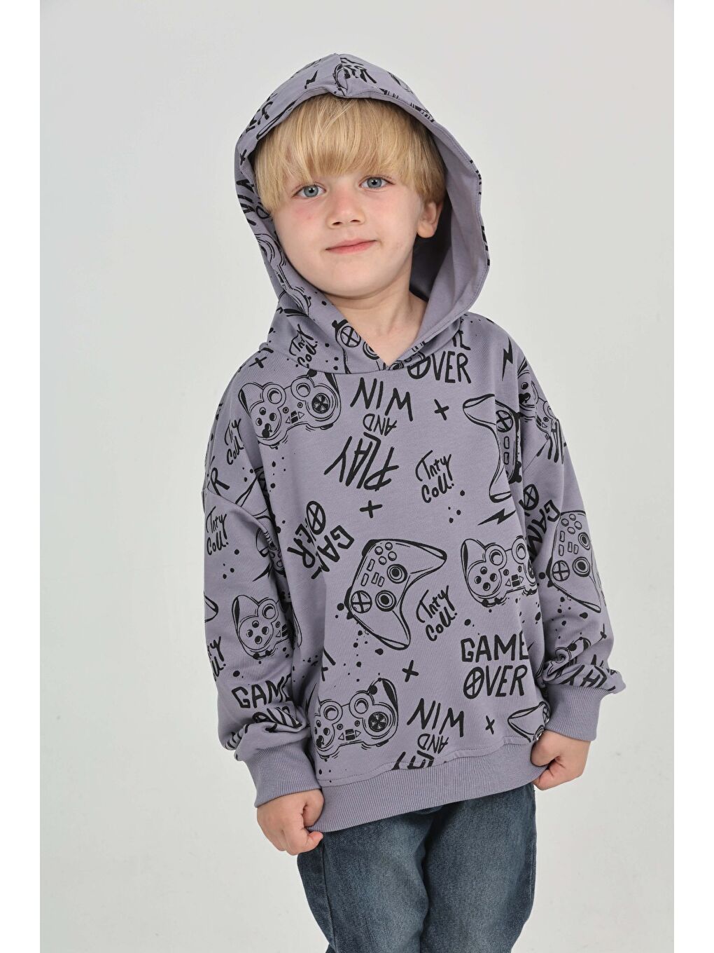 Gri Erkek Çocuk Oyun Baskılı Sweatshirt-3