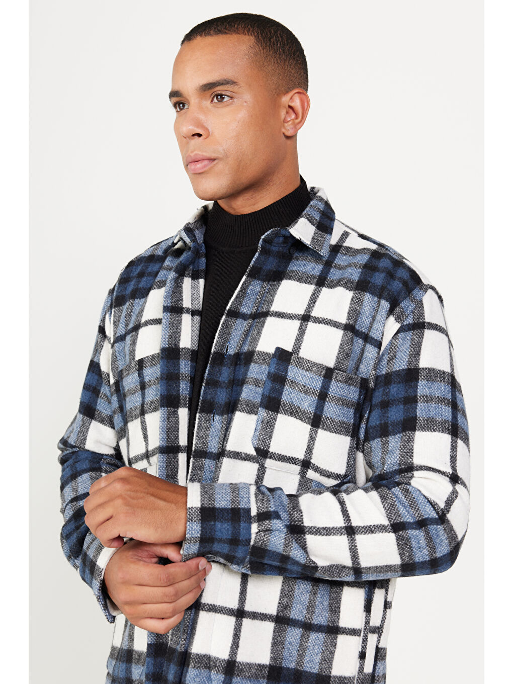 Lacivert Erkek İndigo-Siyah Oversize Fit Geniş Kesim Düğmeli Yaka Cepli Ekose Desenli Oduncu Gömlek Ceket-2